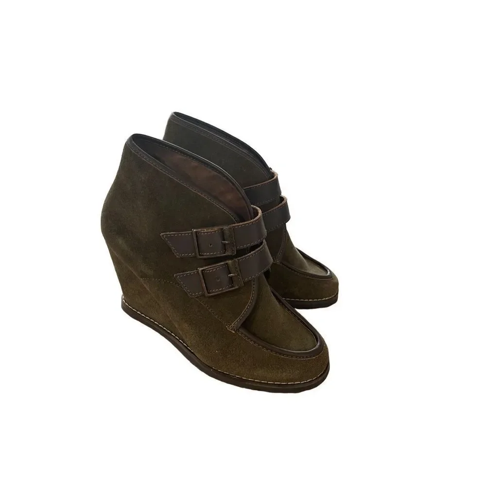 Charles David Womens Olive Green Suede Ankle Boots Wedge Size 8.5